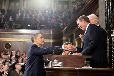 President Obama Shakes Hands with House Speaker Boehner at State of Union Address 2011, courtesy of US Government and Wikimedia