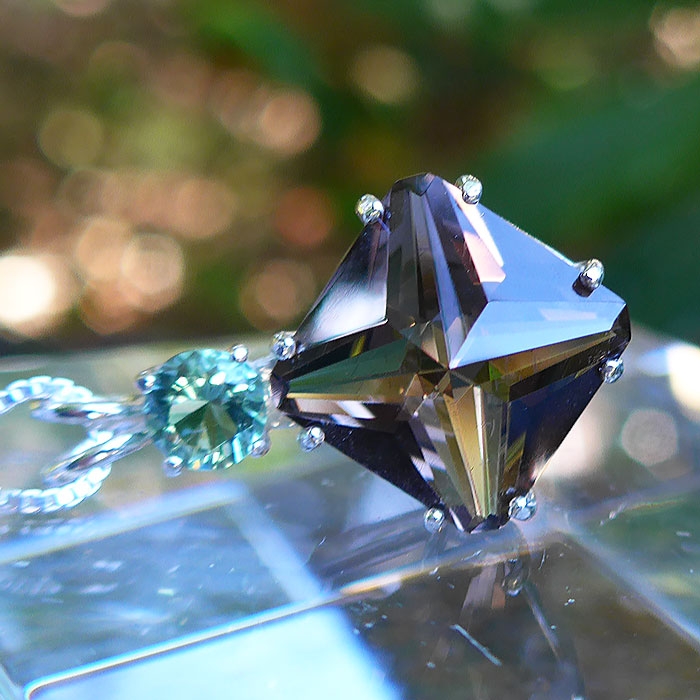 Smoky Quartz Magician Stone with Tibetan Green Obsidian Crown